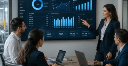 Team meeting reviewing ERP analytics dashboard