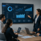 Team meeting reviewing ERP analytics dashboard