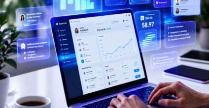 ERP dashboard interface with analytics on laptop