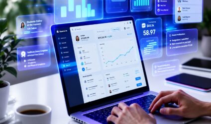 ERP dashboard interface with analytics on laptop
