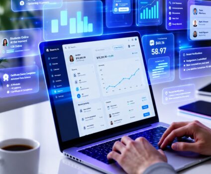 ERP dashboard interface with analytics on laptop