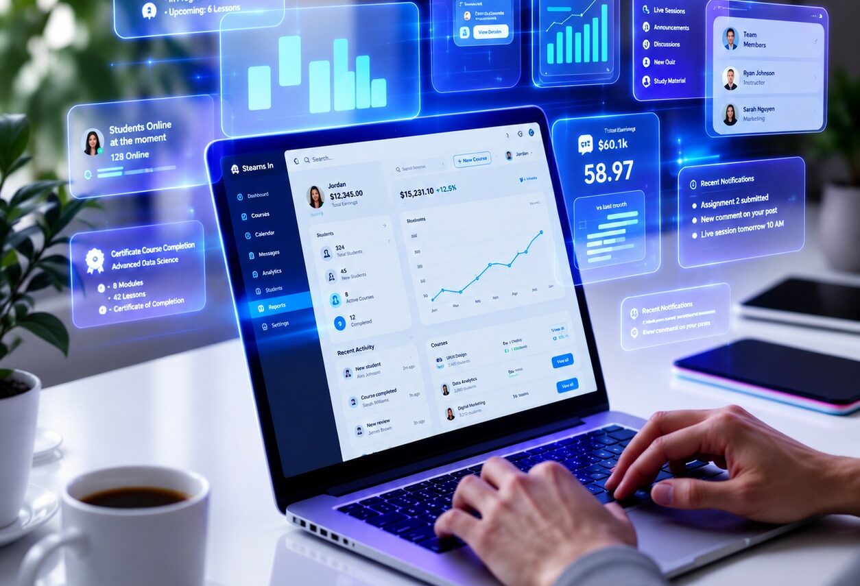 ERP dashboard interface with analytics on laptop