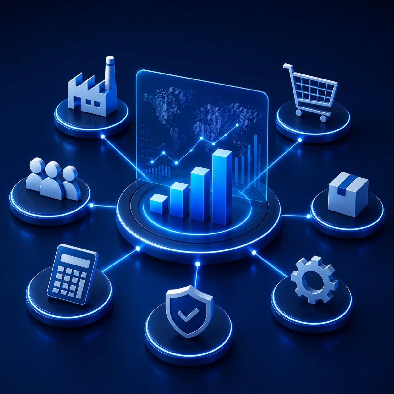 ERP system connecting finance, sales, inventory, and operations