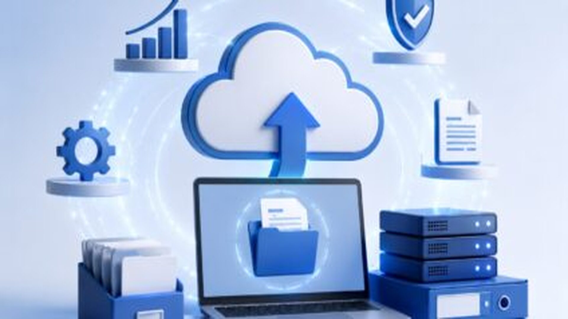 Oracle NetSuite cloud business management system represented by a laptop, cloud, and connected business technology icons.
