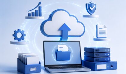 Oracle NetSuite cloud business management system represented by a laptop, cloud, and connected business technology icons.
