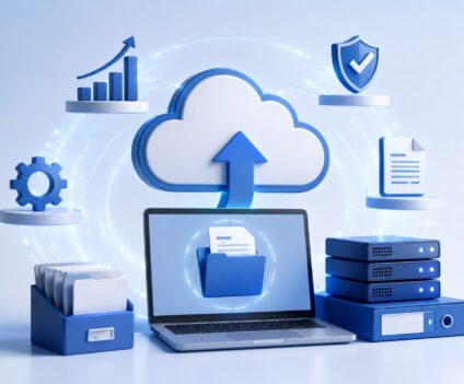Oracle NetSuite cloud business management system represented by a laptop, cloud, and connected business technology icons.