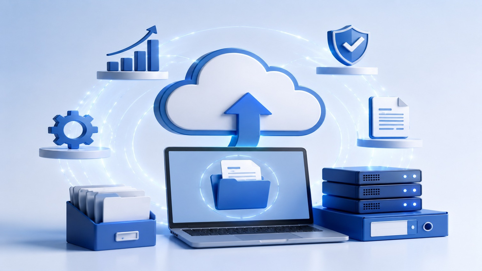 Oracle NetSuite cloud business management system represented by a laptop, cloud, and connected business technology icons.