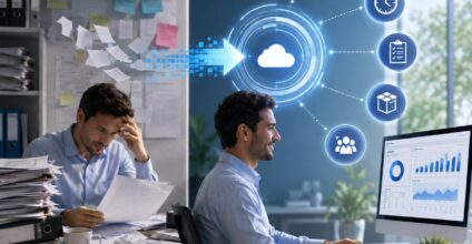 Business professional managing cloud-based Oracle NetSuite ERP system in a modern office environment in the UAE