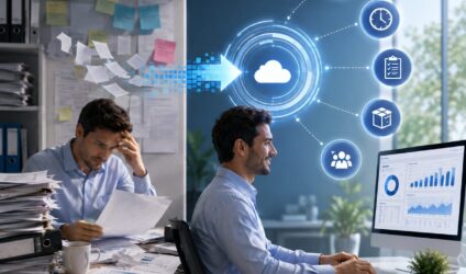Business professional managing cloud-based Oracle NetSuite ERP system in a modern office environment in the UAE