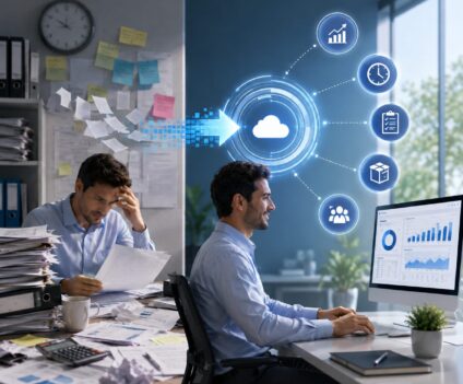 Business professional managing cloud-based Oracle NetSuite ERP system in a modern office environment in the UAE
