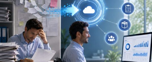 Business professional managing cloud-based Oracle NetSuite ERP system in a modern office environment in the UAE