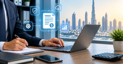 Professional UAE e-invoicing services concept featuring a business professional working on a laptop, digital invoice and cloud technology icons, and the Dubai skyline in a modern corporate office.