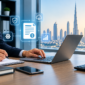 Professional UAE e-invoicing services concept featuring a business professional working on a laptop, digital invoice and cloud technology icons, and the Dubai skyline in a modern corporate office.