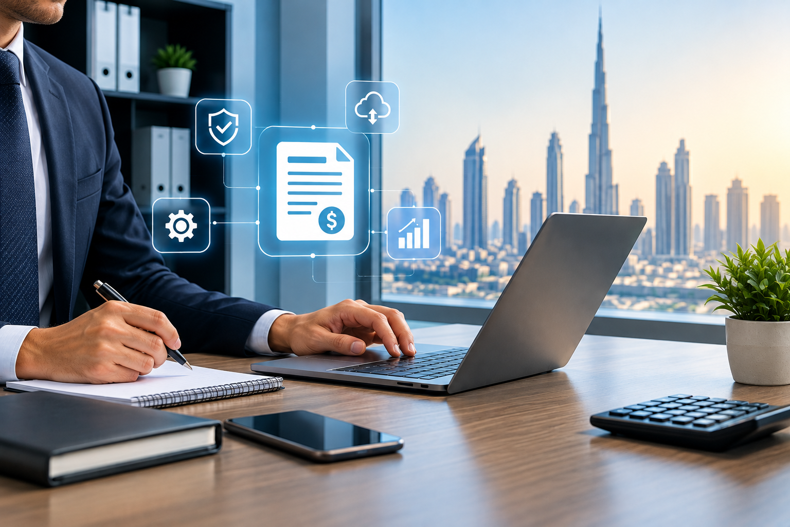 Professional UAE e-invoicing services concept featuring a business professional working on a laptop, digital invoice and cloud technology icons, and the Dubai skyline in a modern corporate office.
